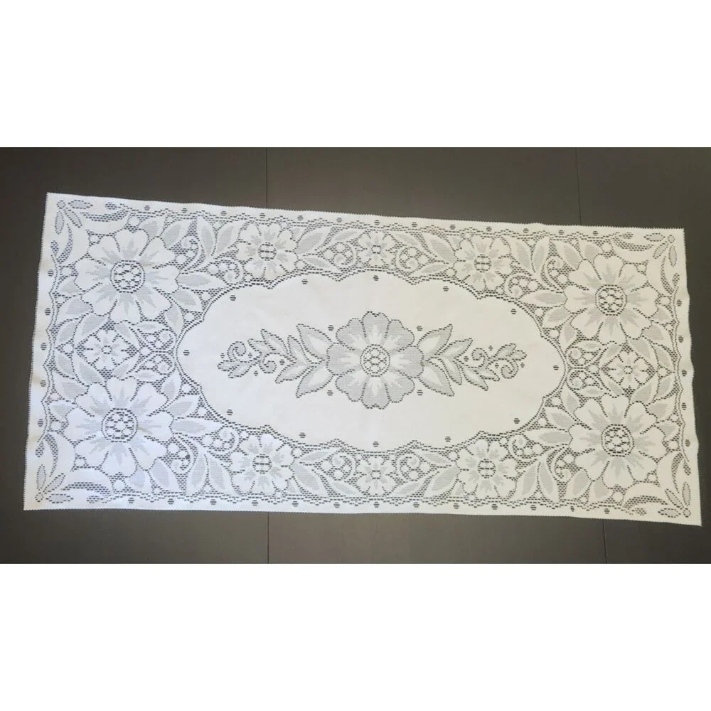 Vintage Nylon Lace Table Runner Dresser Scarf Floral White 42x19.5